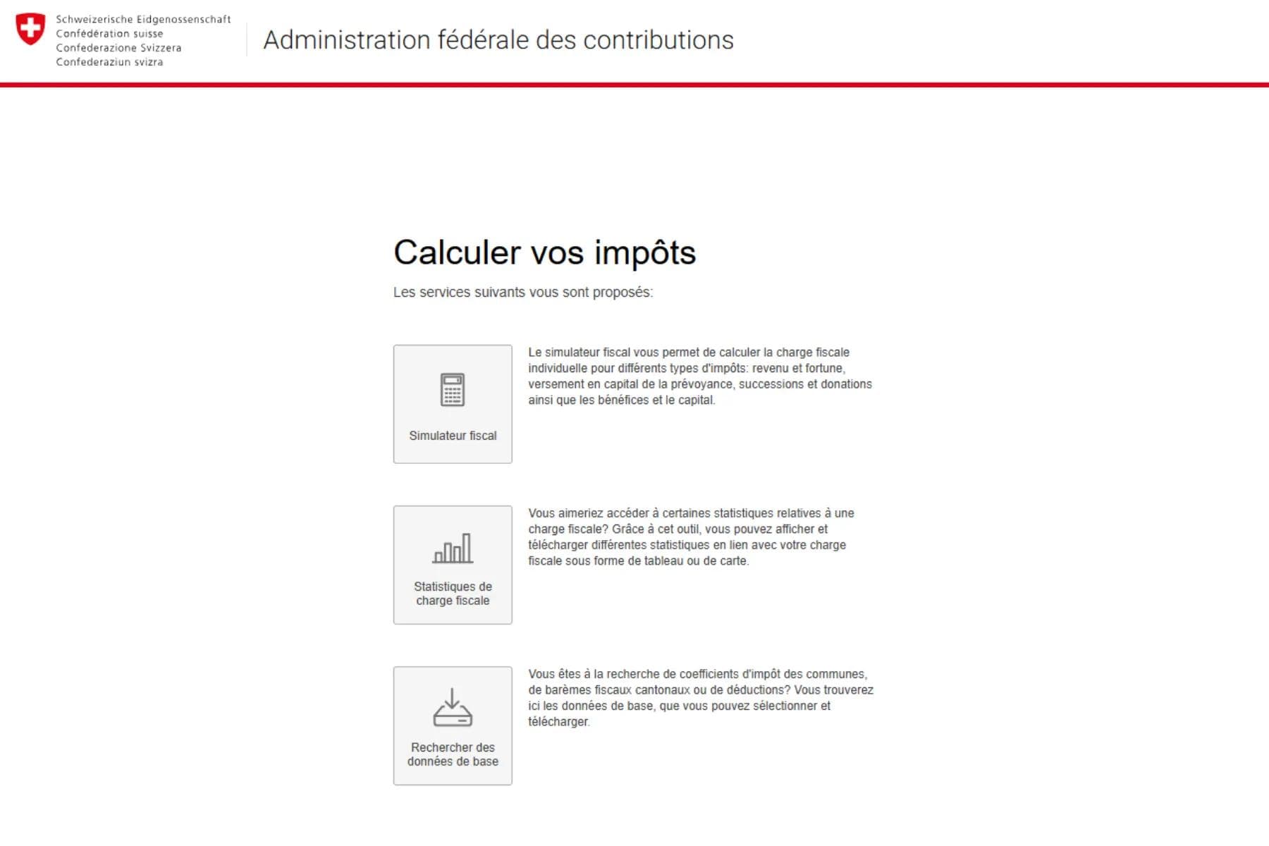 Calculateur fiscal en ligne de l'Administration fédérale des contributions Calculateur fiscal en ligne de l'Administration fédérale des contributions